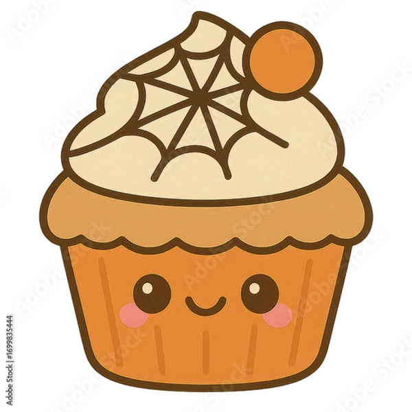 Obraz Adorable cartoon cupcake with smiling face, spider web icing, and Halloween candy decoration, ideal for festive kids' graphics.
