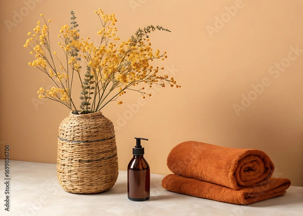 Fototapeta Warm and inviting spa scene with dried flowers and cozy towels