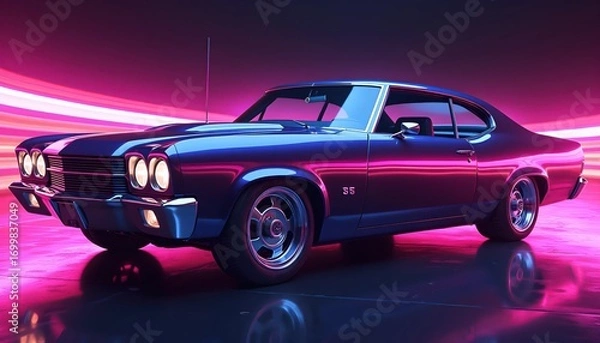 Fototapeta Futuristic Glow of Retro Vintage Car with Vibrant Colorful Lights