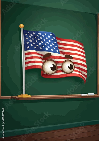 Fototapeta An illustrated American flag with wide, expressive eyes, standing on a flagpole against a blackboard, evoking a sense of surprise or wonder