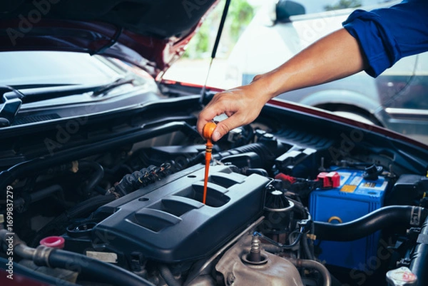 Fototapeta technician changing engine oil and performing vehicle service in a garage, professional auto mechanic work, tools and car parts, clean and organized workshop