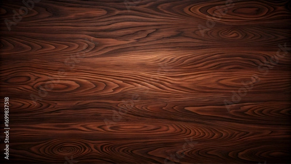 Fototapeta Dark brown wood grain texture showcasing natural wood patterns. Detailed wood surface with flowing lines and visible wood grain patterns. Interior design element -
