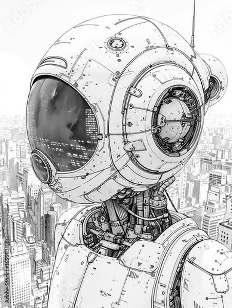 Obraz Awesome Robot in the future city. Futuristic cyborg coloring page book for kids and everyone.