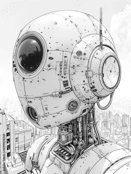 Obraz Awesome Robot in the future city. Futuristic cyborg coloring page book for kids and everyone.