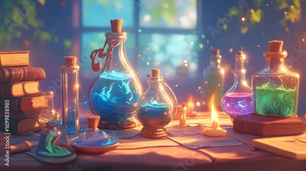 Fototapeta Magical Potion Bottles Glowing On Alchemy table