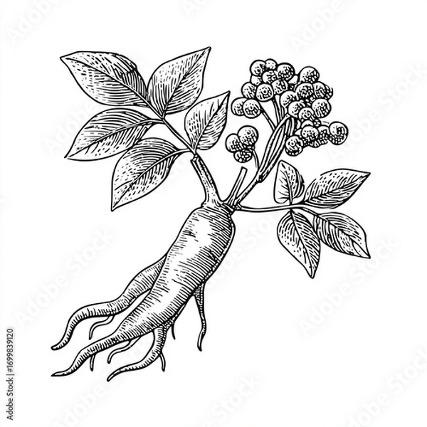 Fototapeta Ginseng root with stem and berries illustrated in black and white  