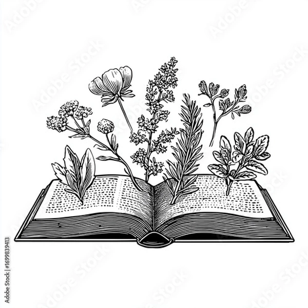 Fototapeta Open herbal remedy book with botanical illustrations and flowers  