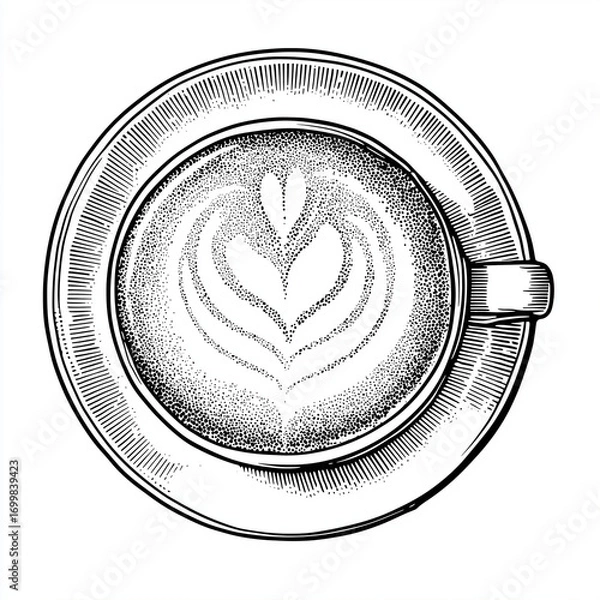 Fototapeta Overhead view of latte art in black and white on ceramic cup  