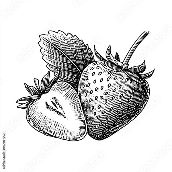 Fototapeta Whole and sliced strawberries in botanical engraving style, concept of aerial  