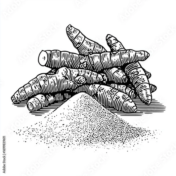 Fototapeta Turmeric root and powder heap in botanical engraving style  