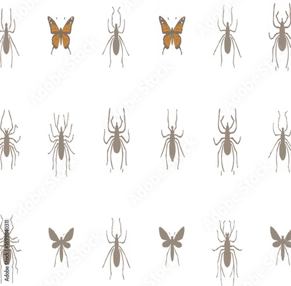 Fototapeta A seamless vector collection of various insects, including a bee, spider, and butterfly, in black silhouette white background.




