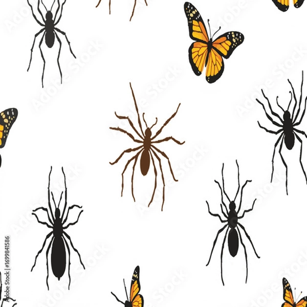 Fototapeta A seamless vector collection of various insects, including a bee, spider, and butterfly, in black silhouette white background.




