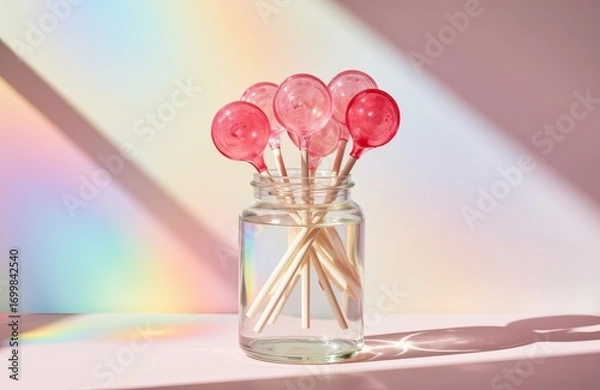 Fototapeta Red candy lollipop in glass jar with water. Sweet round dessert in vase on pink background with rainbow light.
