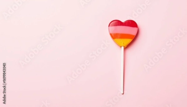 Fototapeta Colorful heart shaped lollipop on pink background. Sweet candy treat for Valentine's Day. Flat lay design with ample copy space.
