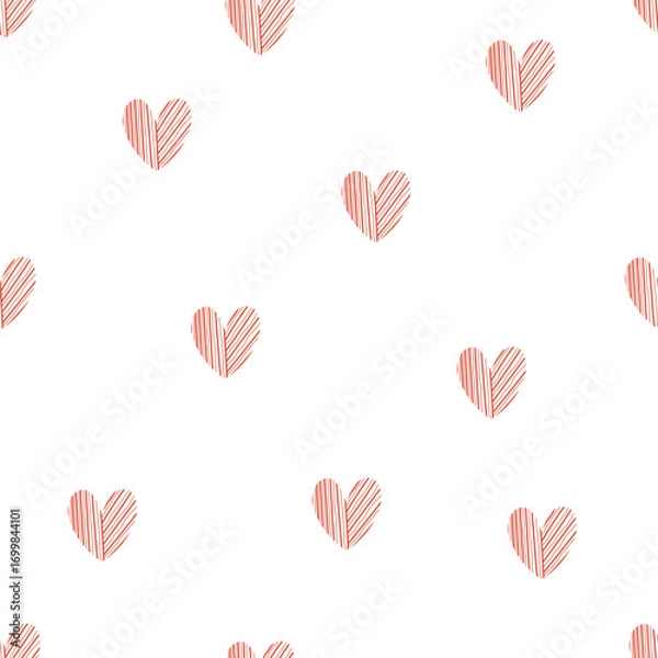 Fototapeta Line red hearts on white background, seamless pattern. Vector illustration with cute red hearts for Valentine's day, fabric, card.