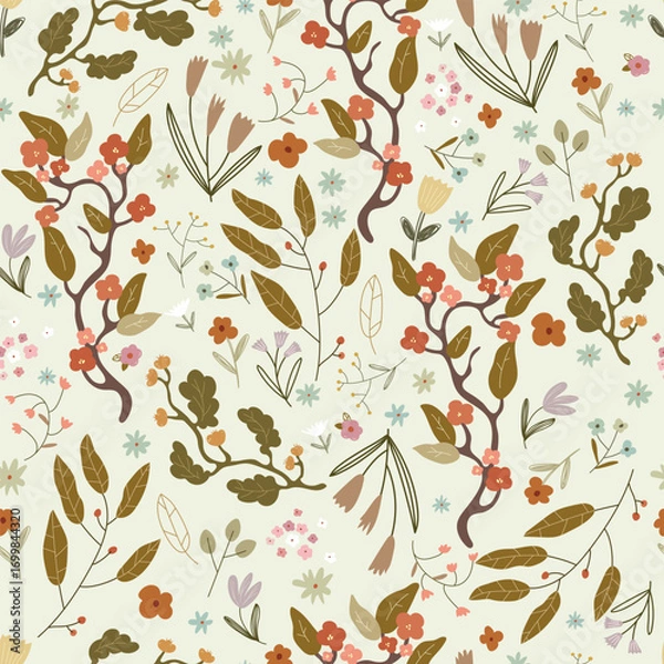Fototapeta Seamless patten with flowers, berries, leaves hand drawn plants. Vector iluustration with daisy, tulip, cherry bloom, berry, and many different small flowers on light background. 