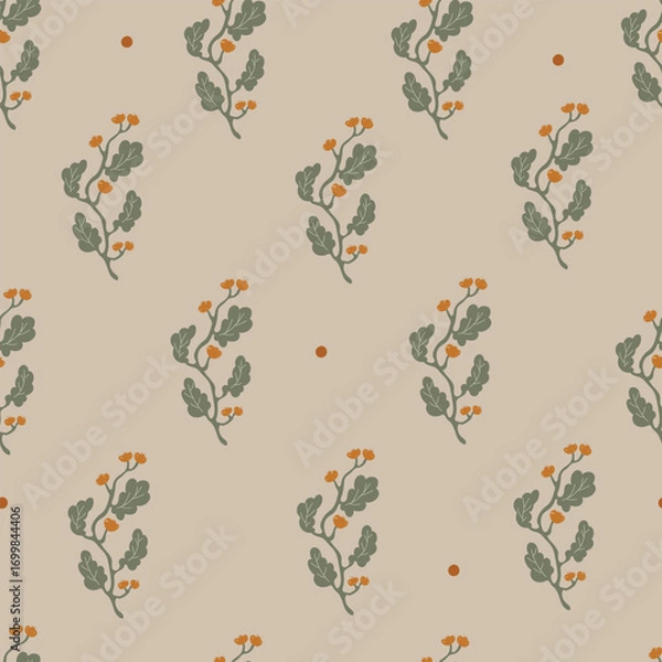 Fototapeta Hand drawn yellow flowers, leaves and dots, seamless pattern. Vector illustration with plants for wrapping paper, card, fabric.