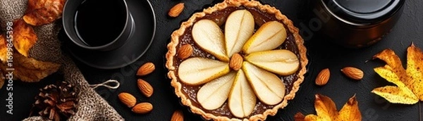 Obraz Autumnal pear tart with coffee and almonds.