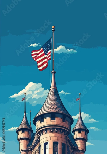 Fototapeta A patriotic American flag proudly unfurls from the pinnacle of a magnificent castle-inspired building, set against a serene blue sky