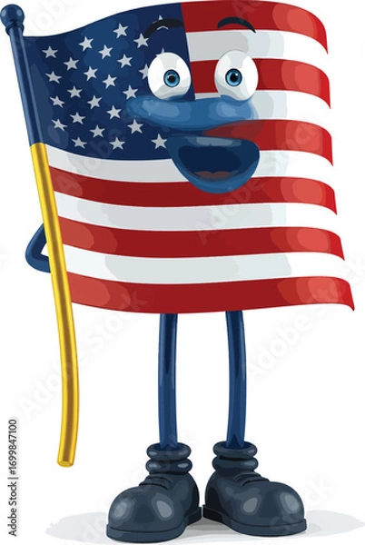 Fototapeta Cartoon American Flag Character Waving and Smiling