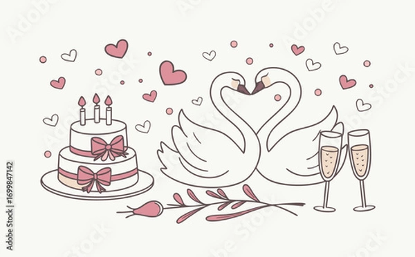 Obraz A whimsical romantic doodle composition featuring swans, a heart-decorated cake, champagne glasses, and ribbon-wrapped candles arranged in a festive hand-drawn style