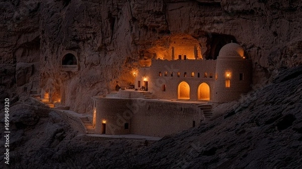 Fototapeta Illuminated structure nestled within a rocky mountainside at night.