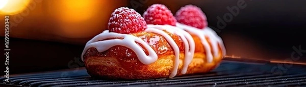 Fototapeta Close-up of a glazed raspberry topped pastry.