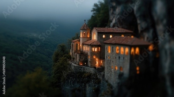Fototapeta Cliffside monastery illuminated at twilight.
