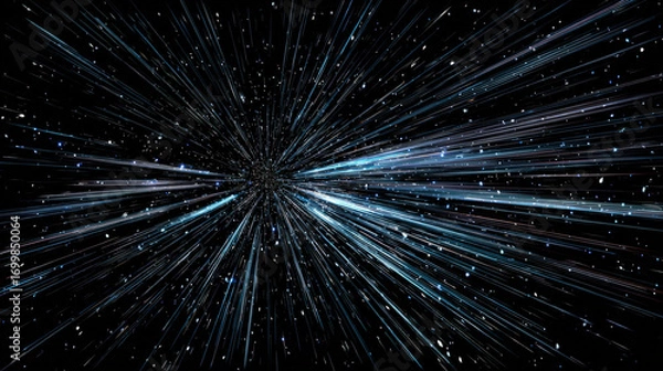 Fototapeta warp speed star lines stretching foreground toward vanishing point cosmic travel concept deep black background illustration concept scene visual for commercial design use high detail quality stock