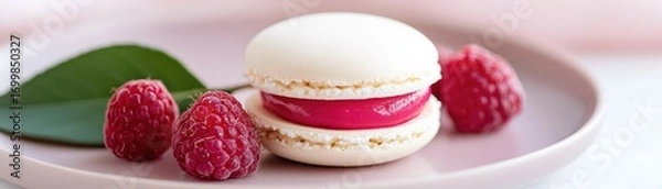 Fototapeta Delicate white macaron with raspberry filling and berries.