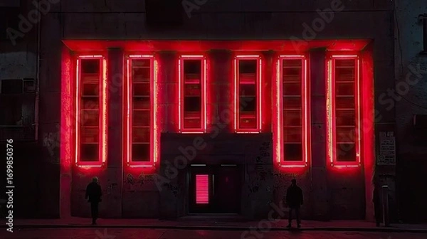 Fototapeta Red neon illuminated building facade at night.