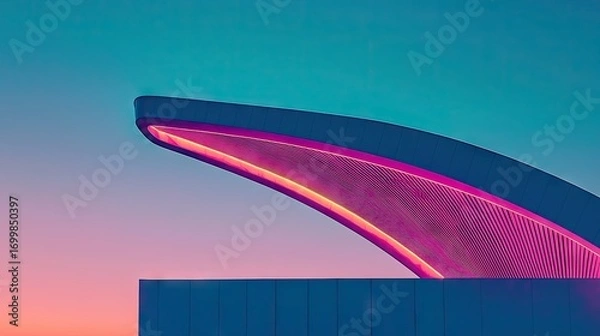 Fototapeta Modern structure's vibrant neon canopy at twilight.