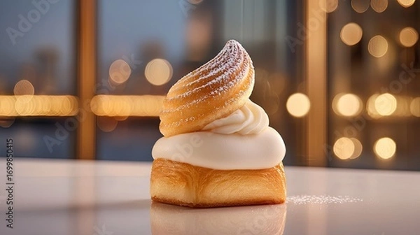 Fototapeta Close-up view of a delectable pastry topped with creamy filling.
