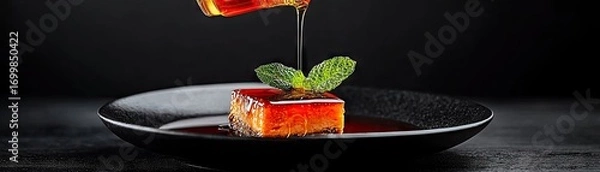 Fototapeta Sweetened square dessert with a drizzle of syrup.