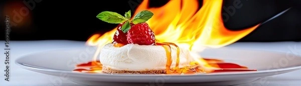 Fototapeta Flaming dessert with raspberries and caramel sauce.