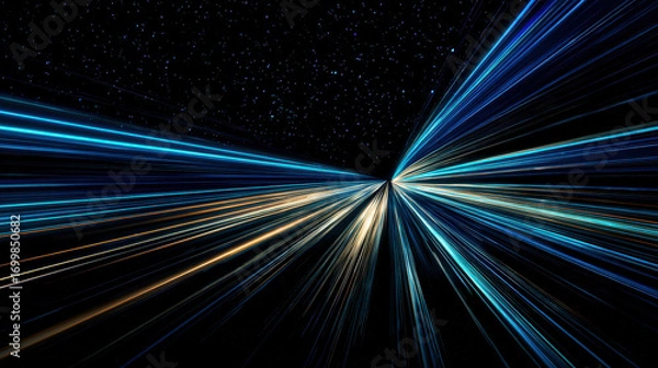 Fototapeta warp speed star lines stretching foreground toward vanishing point cosmic travel concept deep black background illustration concept scene visual for commercial design use high detail quality stock