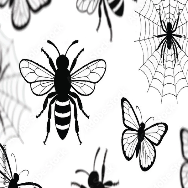 Fototapeta A seamless vector collection of various insects, including a bee, spider, and butterfly, in black silhouette white background.




