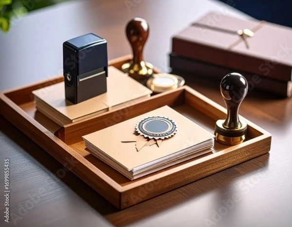 Fototapeta Professional notary stamps and seal with certificate document arranged on elegant wooden desk tray
