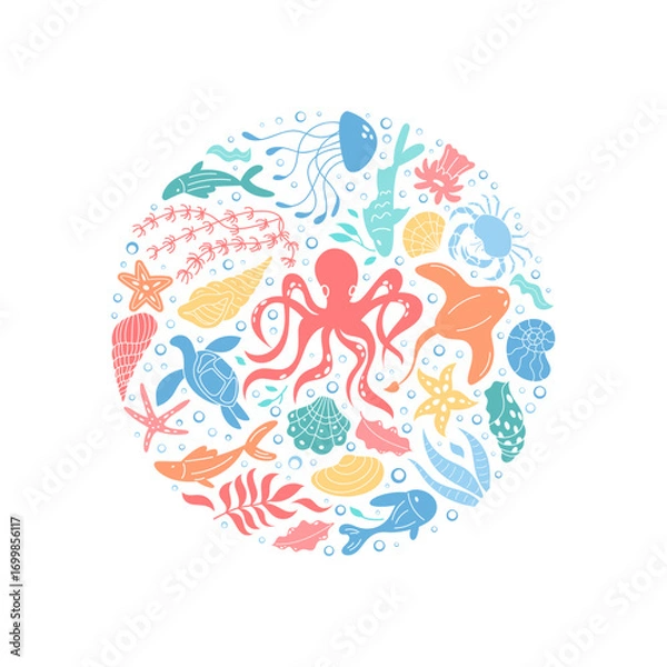 Fototapeta Underwater ocean concept in cartoon graphic style. Marine life, including fish, starfish, jellyfish, and turtles, arranged in a round circle composition. Vibrant reef design perfect for aquatic