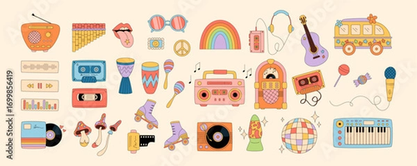Fototapeta Groovy retro music party sticker set in cartoon graphic style. Cassette, record, disco and festival elements combine with y2k and groovy element for creative sticker collection.