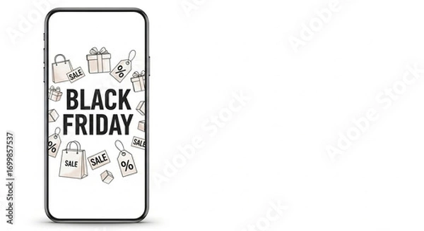 Fototapeta Black Friday ad on phone with shopping items and sale tags  