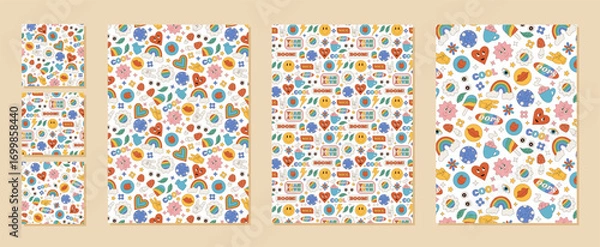 Fototapeta Groovy retro seamless pattern set in funky colorful cartoon graphic style with sticker heart, flower and smiley. Y2k inspired background delivers pop feel and playful positive vibe for modern
