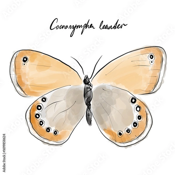 Obraz Coenonympha leander, the Russian heath butterfly drawing, hand-drawn digital line art illustration	
