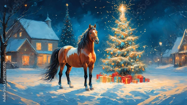 Fototapeta Watercolor horse standing near Christmas tree on the street in the snow, Christmas tree glowing with festive lights, in the background view of the village