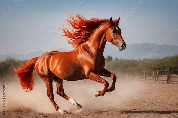 Fototapeta A beautiful red horse runs along a dusty road. The horse gallops, the mane and tail flutter in the wind, dust flies from under the hooves