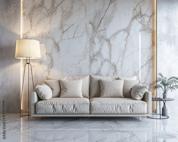 Fototapeta Modern living room with a beige leather sofa against a marble wall, complemented by a floor lamp and a side table with a plant.