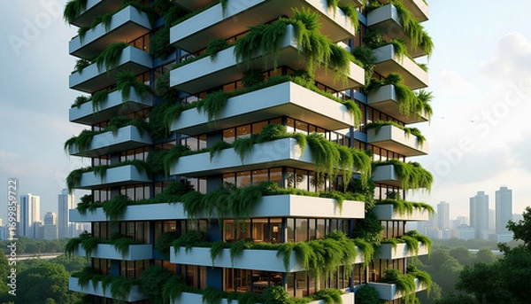 Fototapeta The principle of vertical landscaping of residential buildings. Many green plants grow on the balconies of an apartment building in warm countries
