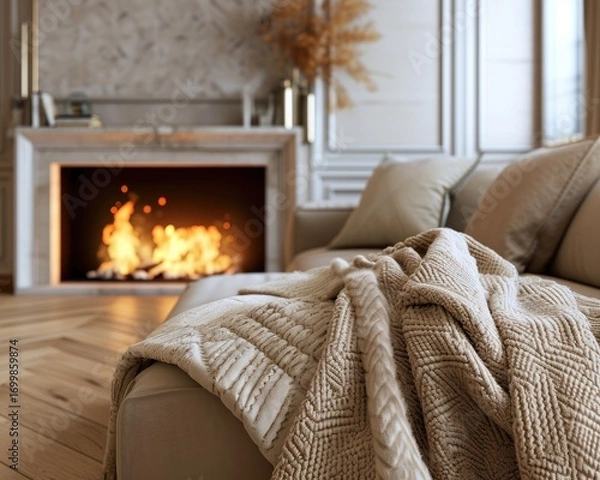 Fototapeta Beige knit throw blanket rests on a light brown sofa in front of a cozy fireplace in a stylish living room.