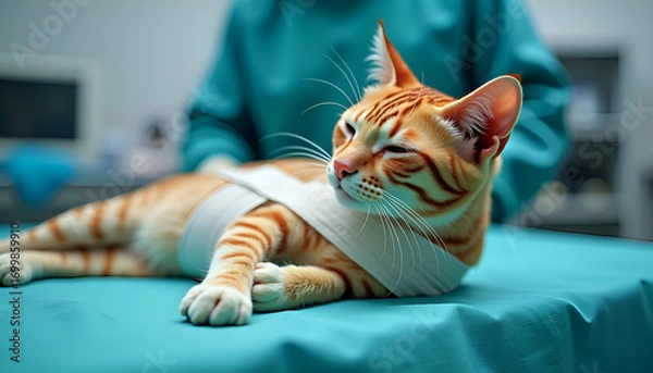 Fototapeta A red tabby cat bandaged lies on the operating table in a veterinary clinic, a veterinarian in a blue hospital gown stands behind