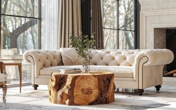 Fototapeta Sunlit living room features a cream tufted sofa and a unique wooden coffee table, adding to its elegant and comfortable ambiance.